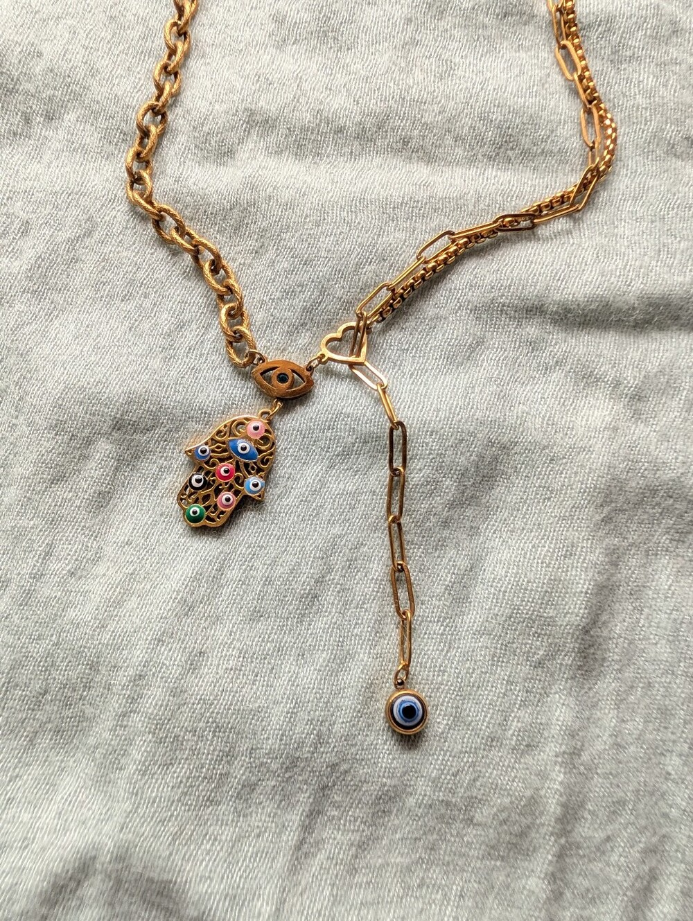 Gold Hamsa & Evil Eye Charm Necklace - Multicolor Accents